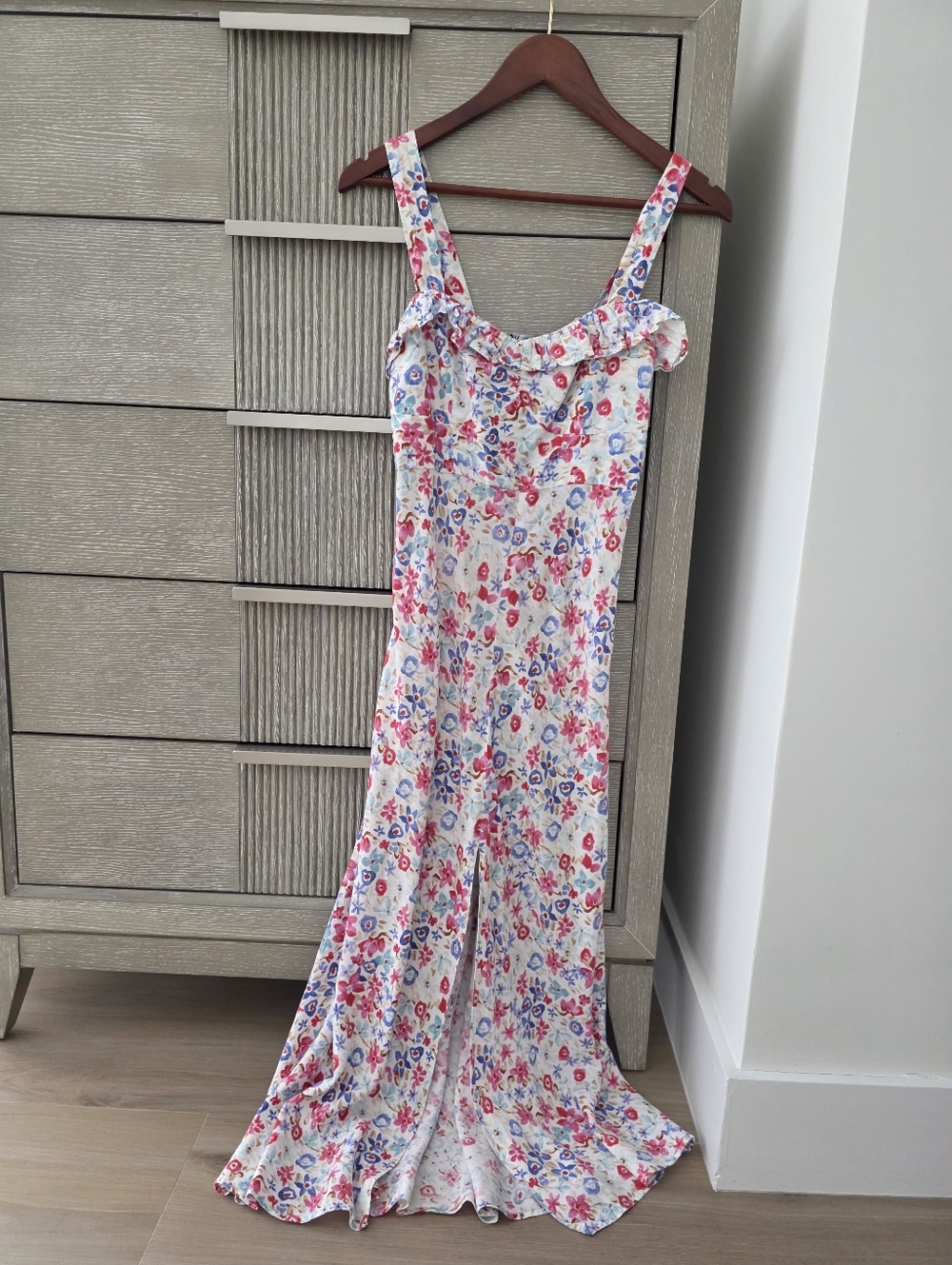 ZARA Floral Maxi Dress Cottagecore Ruffle Neck Pink Blue S